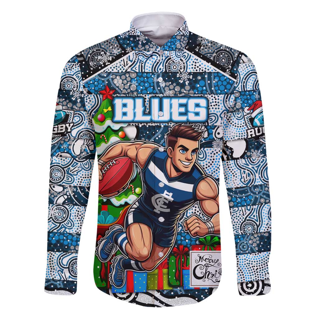 Custom Blues Rugby Merry Christmas Family Matching Off Shoulder Short Dress and Hawaiian Shirt Indigenous Australian Art