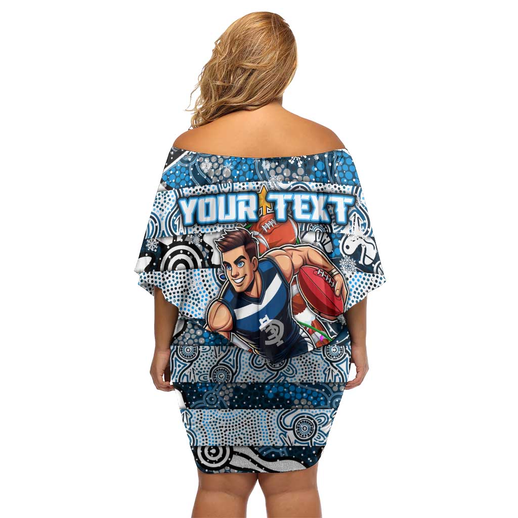 Custom Blues Rugby Merry Christmas Family Matching Off Shoulder Short Dress and Hawaiian Shirt Indigenous Australian Art