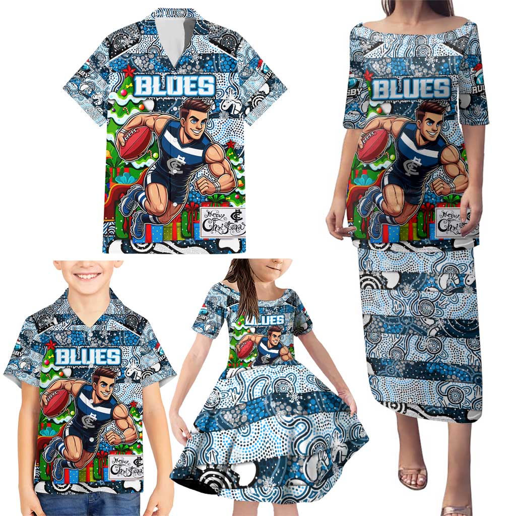 Custom Blues Rugby Merry Christmas Family Matching Puletasi and Hawaiian Shirt Indigenous Australian Art