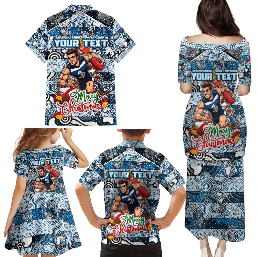 Custom Blues Rugby Merry Christmas Family Matching Puletasi and Hawaiian Shirt Indigenous Australian Art