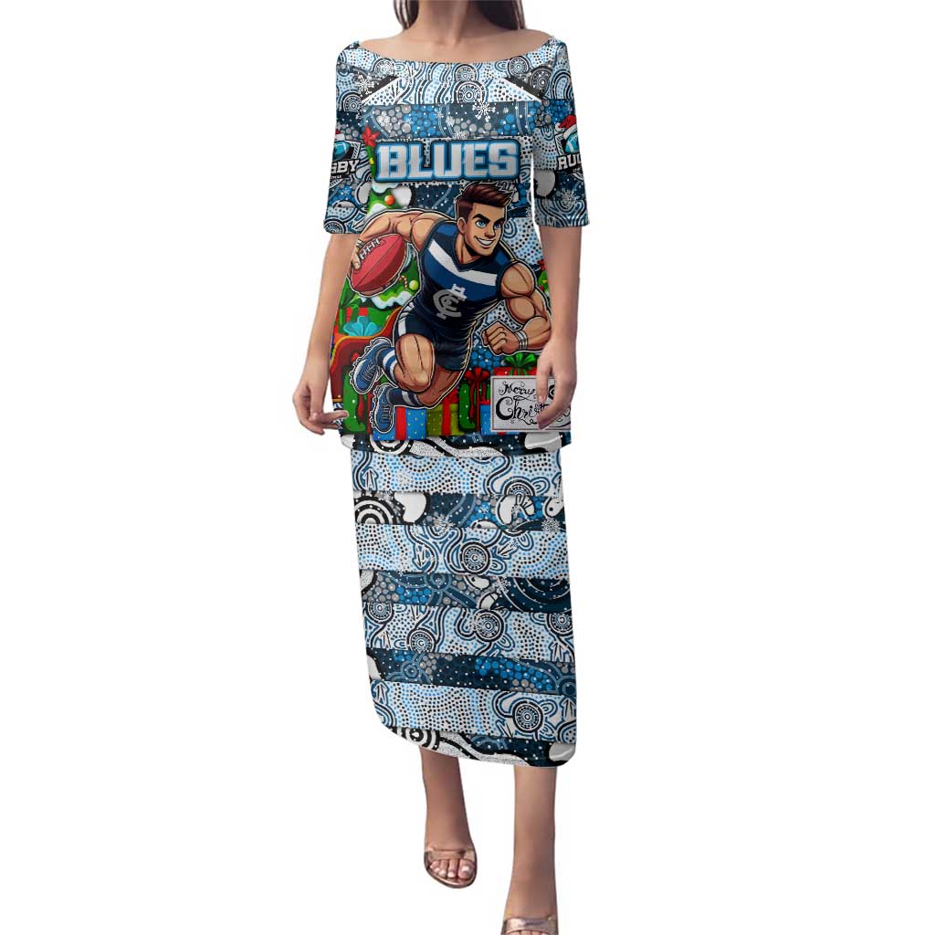 Custom Blues Rugby Merry Christmas Family Matching Puletasi and Hawaiian Shirt Indigenous Australian Art