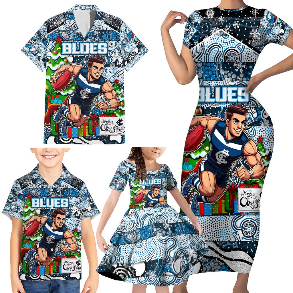 Custom Blues Rugby Merry Christmas Family Matching Short Sleeve Bodycon Dress and Hawaiian Shirt Indigenous Australian Art