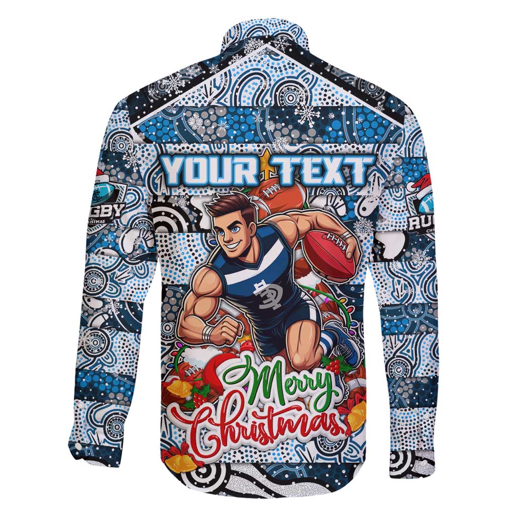 Custom Blues Rugby Merry Christmas Family Matching Short Sleeve Bodycon Dress and Hawaiian Shirt Indigenous Australian Art