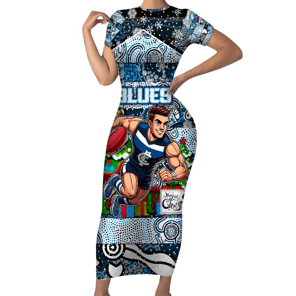 Custom Blues Rugby Merry Christmas Family Matching Short Sleeve Bodycon Dress and Hawaiian Shirt Indigenous Australian Art