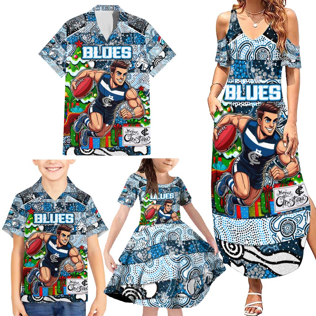 Custom Blues Rugby Merry Christmas Family Matching Summer Maxi Dress and Hawaiian Shirt Indigenous Australian Art