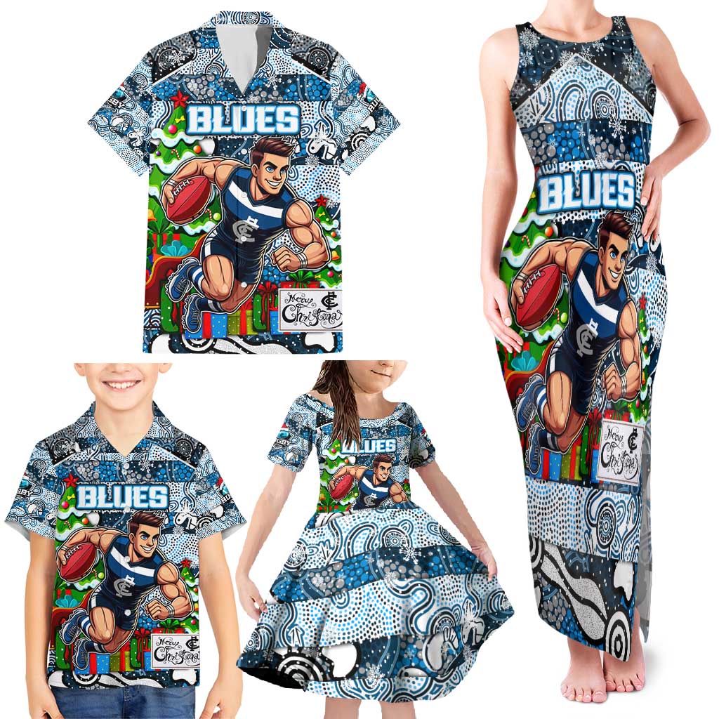Custom Blues Rugby Merry Christmas Family Matching Tank Maxi Dress and Hawaiian Shirt Indigenous Australian Art