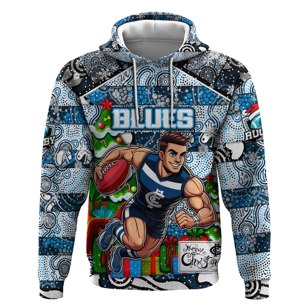 Custom Blues Football Merry Christmas Hoodie Indigenous Australian Art - Vibe Hoodie Shop