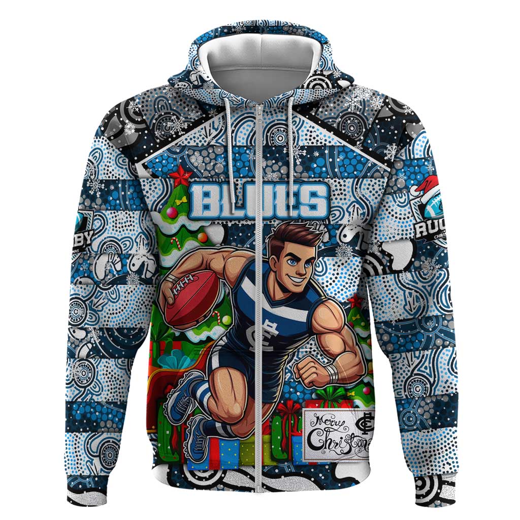 Custom Blues Football Merry Christmas Hoodie Indigenous Australian Art - Vibe Hoodie Shop