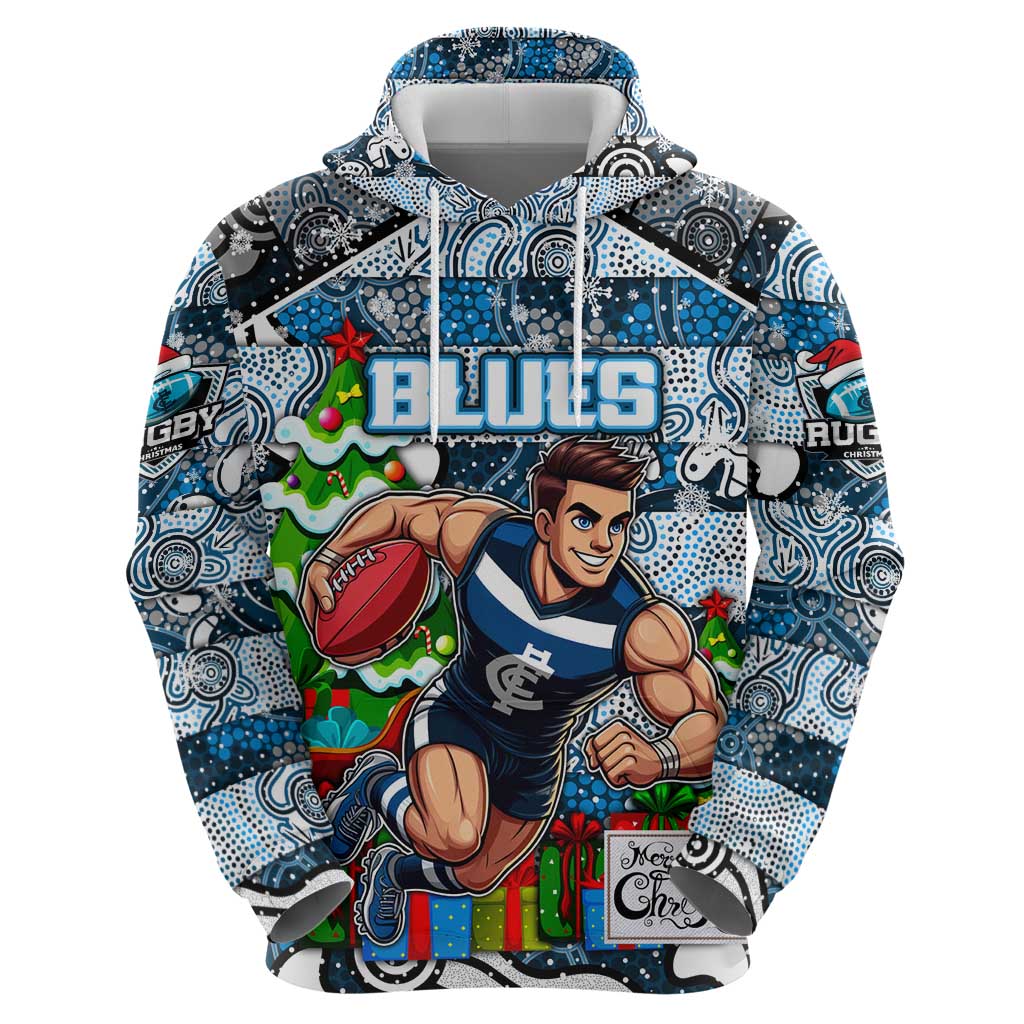 Custom Blues Football Merry Christmas Hoodie Indigenous Australian Art - Vibe Hoodie Shop