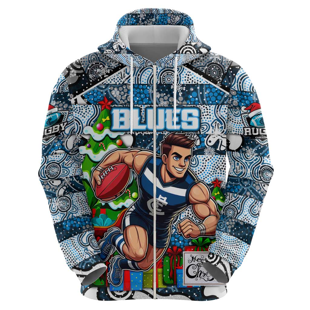Custom Blues Football Merry Christmas Hoodie Indigenous Australian Art - Vibe Hoodie Shop