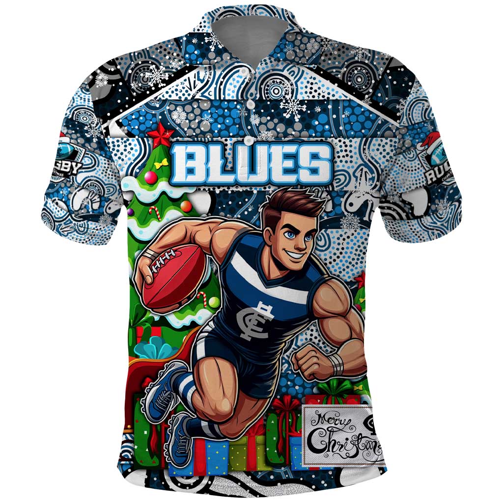 Custom Blues Football Merry Christmas Polo Shirt Indigenous Australian Art - Vibe Hoodie Shop