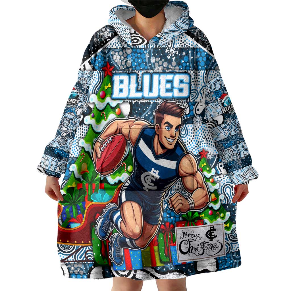 Custom Blues Football Merry Christmas Wearable Blanket Hoodie Indigenous Australian Art - Vibe Hoodie Shop