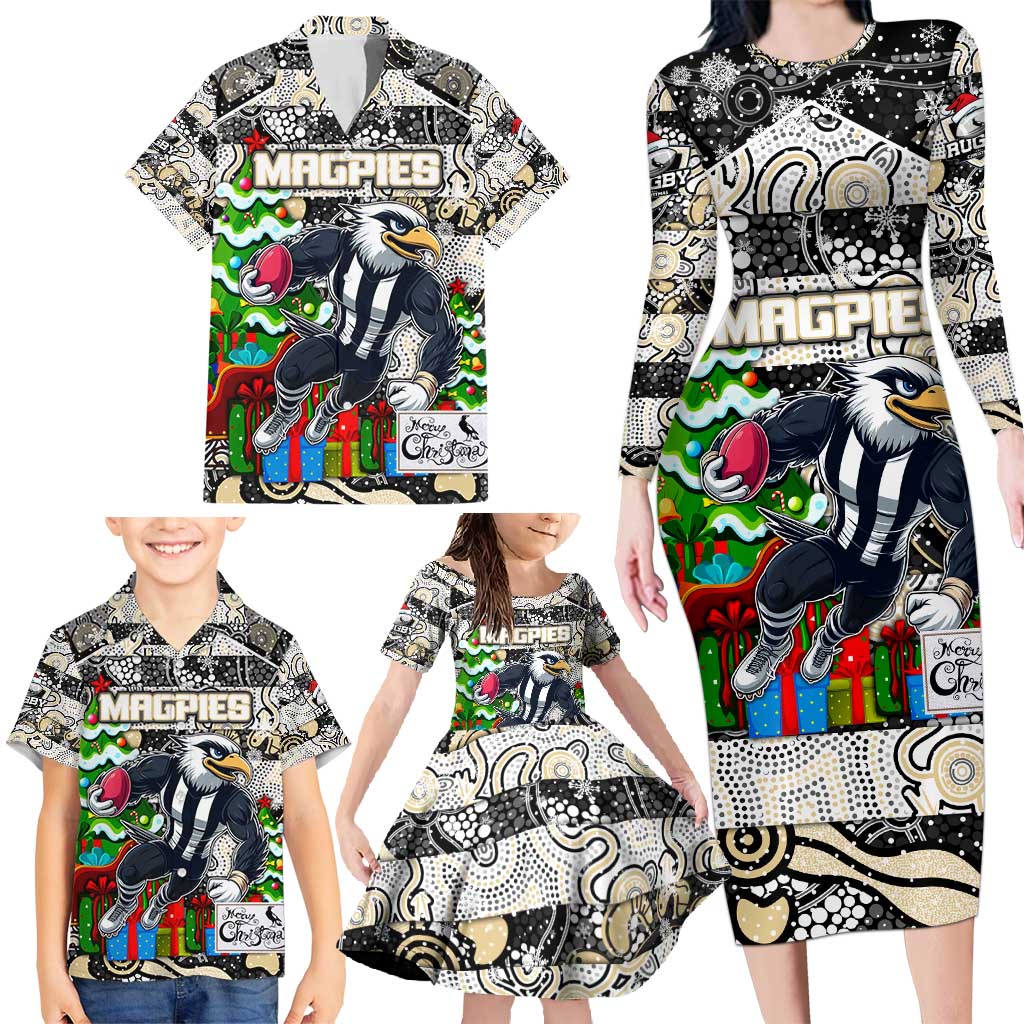 Custom Magpies Rugby Merry Christmas Family Matching Long Sleeve Bodycon Dress and Hawaiian Shirt Indigenous Australian Art