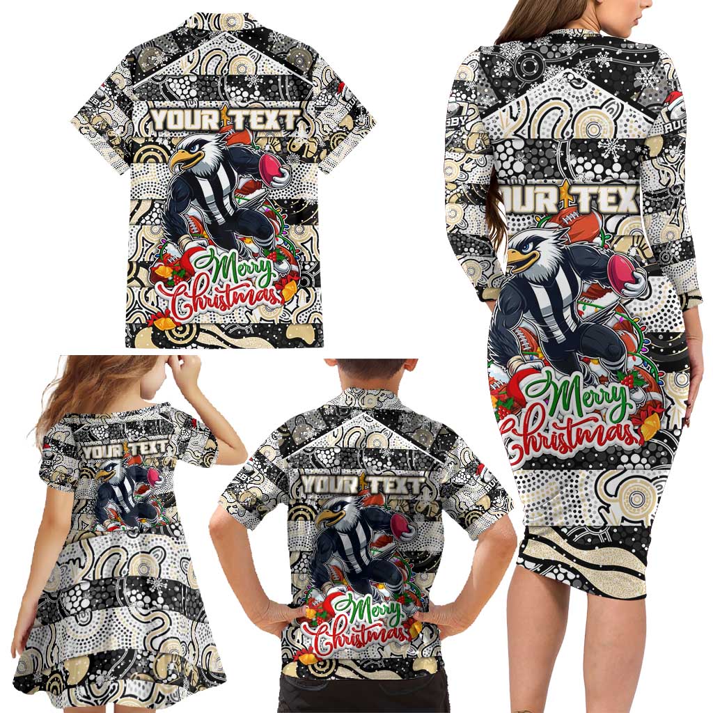 Custom Magpies Rugby Merry Christmas Family Matching Long Sleeve Bodycon Dress and Hawaiian Shirt Indigenous Australian Art