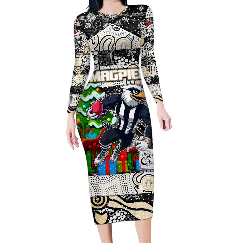 Custom Magpies Rugby Merry Christmas Family Matching Long Sleeve Bodycon Dress and Hawaiian Shirt Indigenous Australian Art