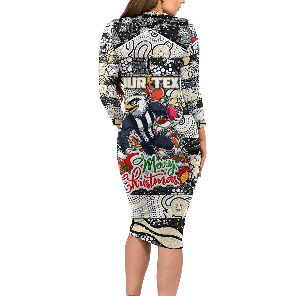Custom Magpies Rugby Merry Christmas Family Matching Long Sleeve Bodycon Dress and Hawaiian Shirt Indigenous Australian Art