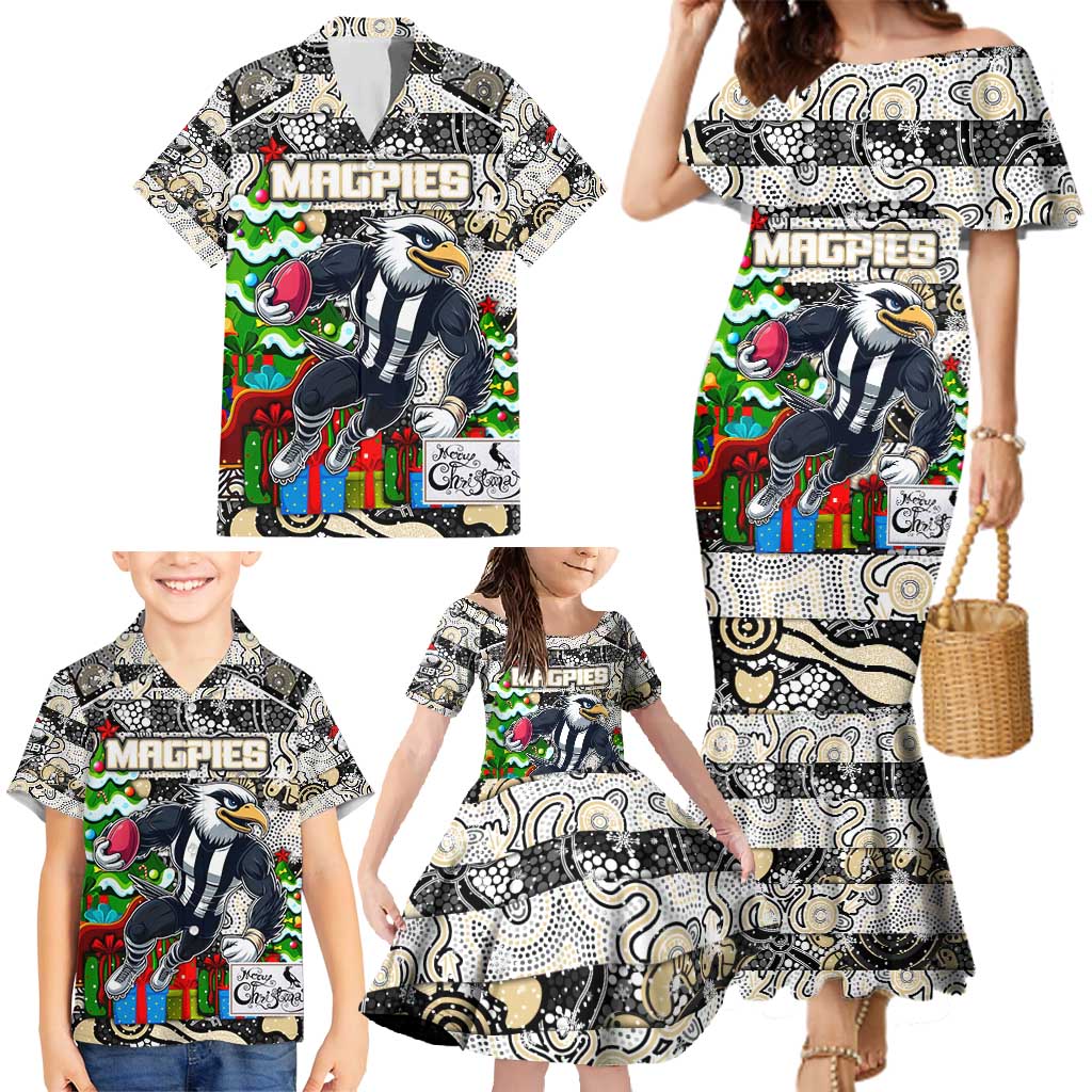Custom Magpies Rugby Merry Christmas Family Matching Mermaid Dress and Hawaiian Shirt Indigenous Australian Art