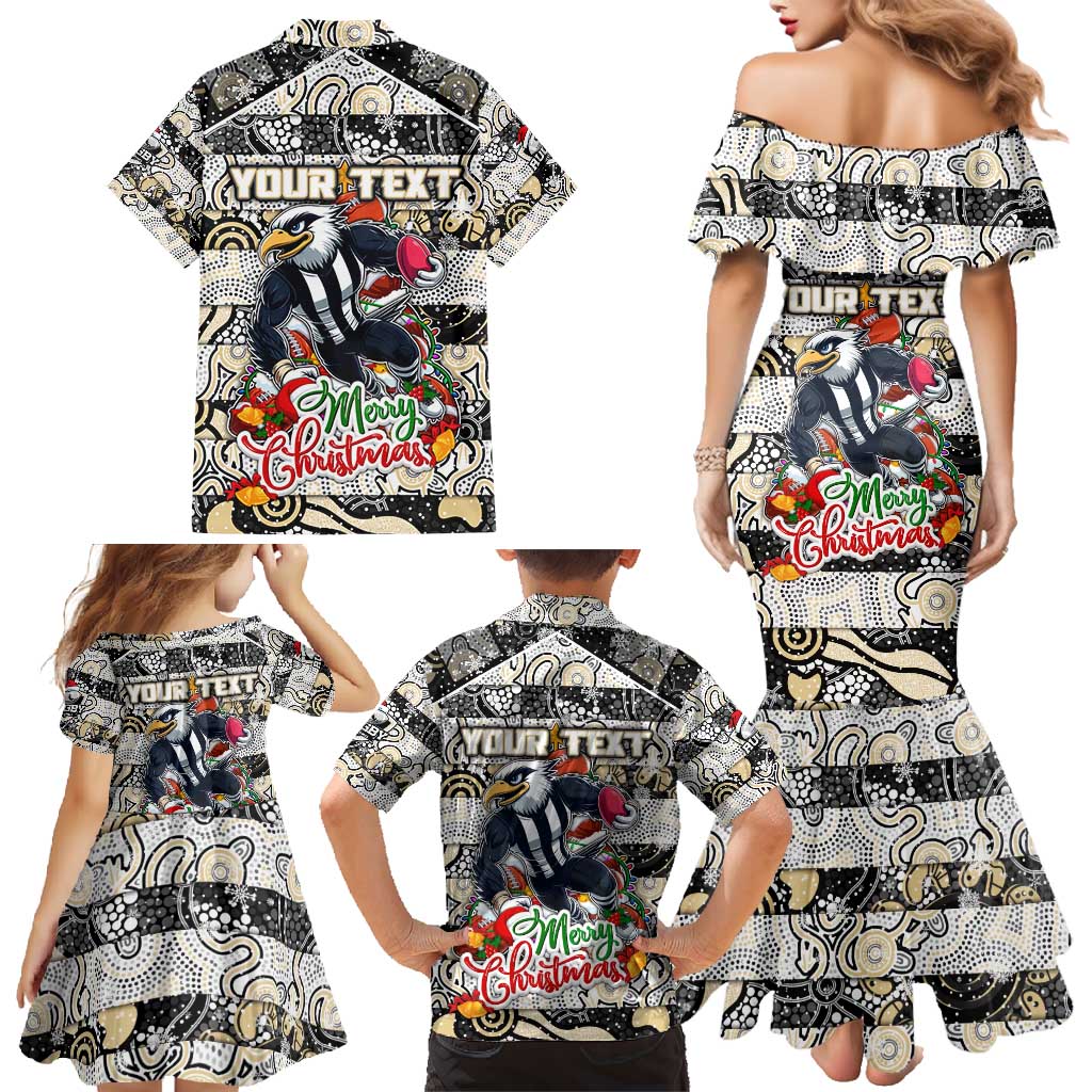 Custom Magpies Rugby Merry Christmas Family Matching Mermaid Dress and Hawaiian Shirt Indigenous Australian Art