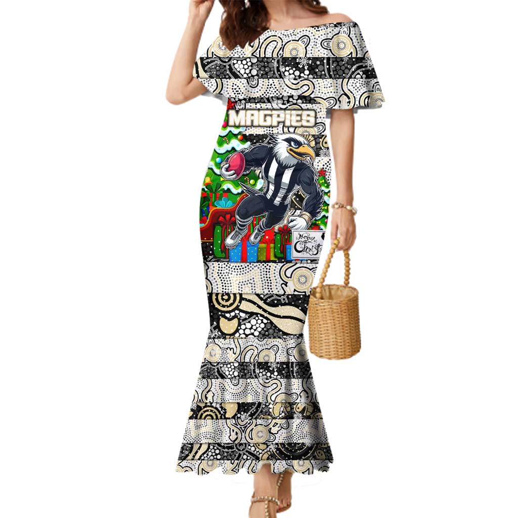 Custom Magpies Rugby Merry Christmas Family Matching Mermaid Dress and Hawaiian Shirt Indigenous Australian Art