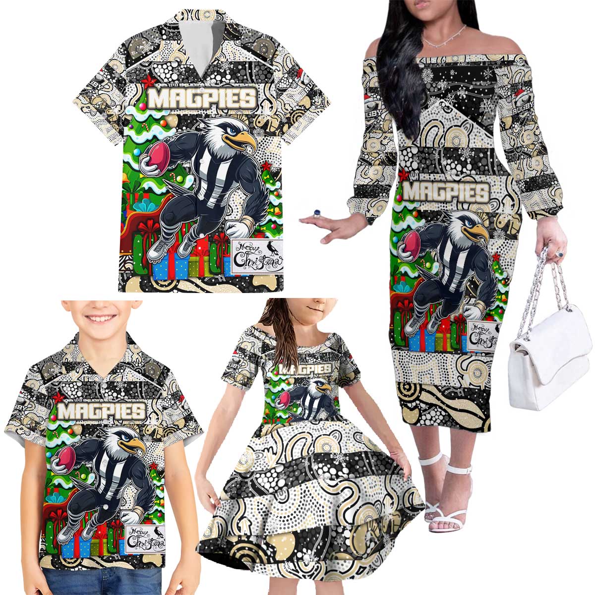 Custom Magpies Rugby Merry Christmas Family Matching Off The Shoulder Long Sleeve Dress and Hawaiian Shirt Indigenous Australian Art