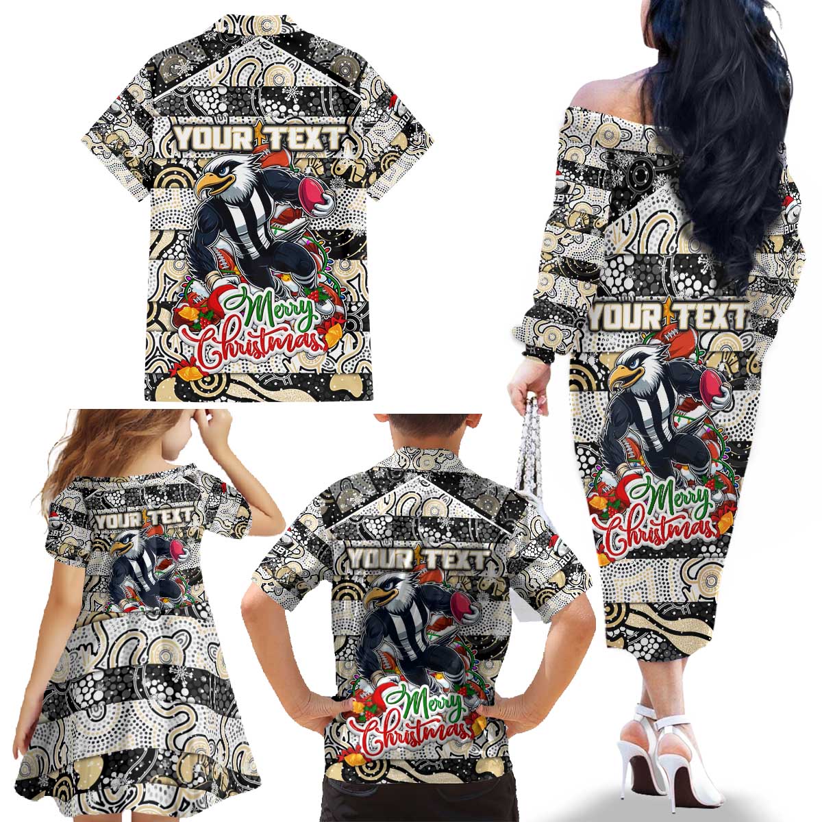 Custom Magpies Rugby Merry Christmas Family Matching Off The Shoulder Long Sleeve Dress and Hawaiian Shirt Indigenous Australian Art