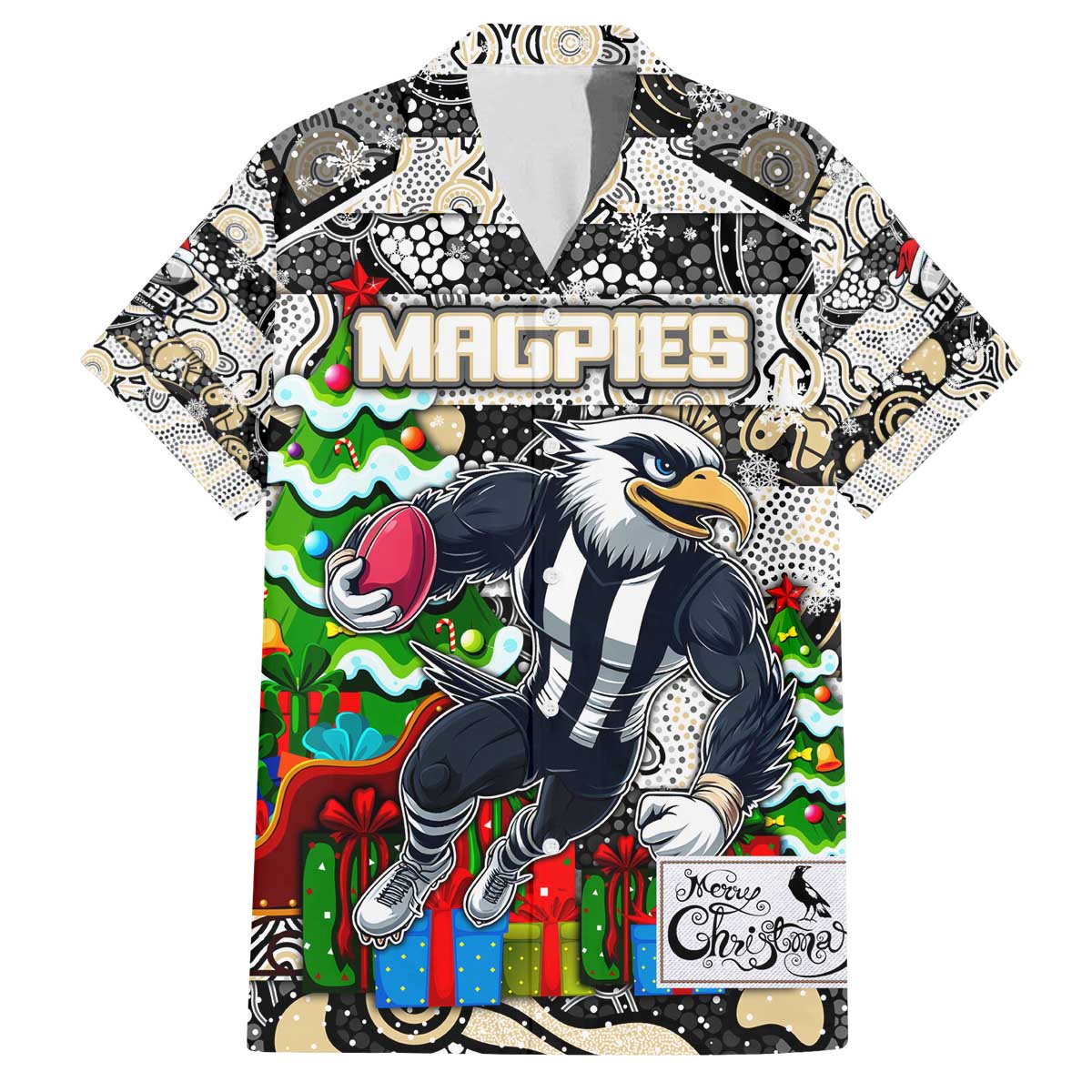 Custom Magpies Rugby Merry Christmas Family Matching Off The Shoulder Long Sleeve Dress and Hawaiian Shirt Indigenous Australian Art