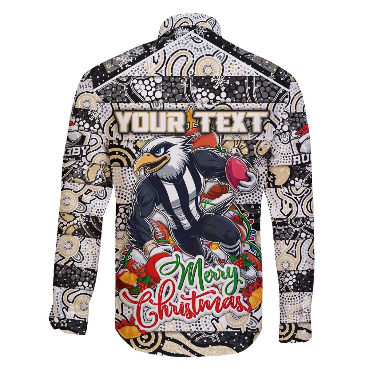 Custom Magpies Rugby Merry Christmas Family Matching Off The Shoulder Long Sleeve Dress and Hawaiian Shirt Indigenous Australian Art