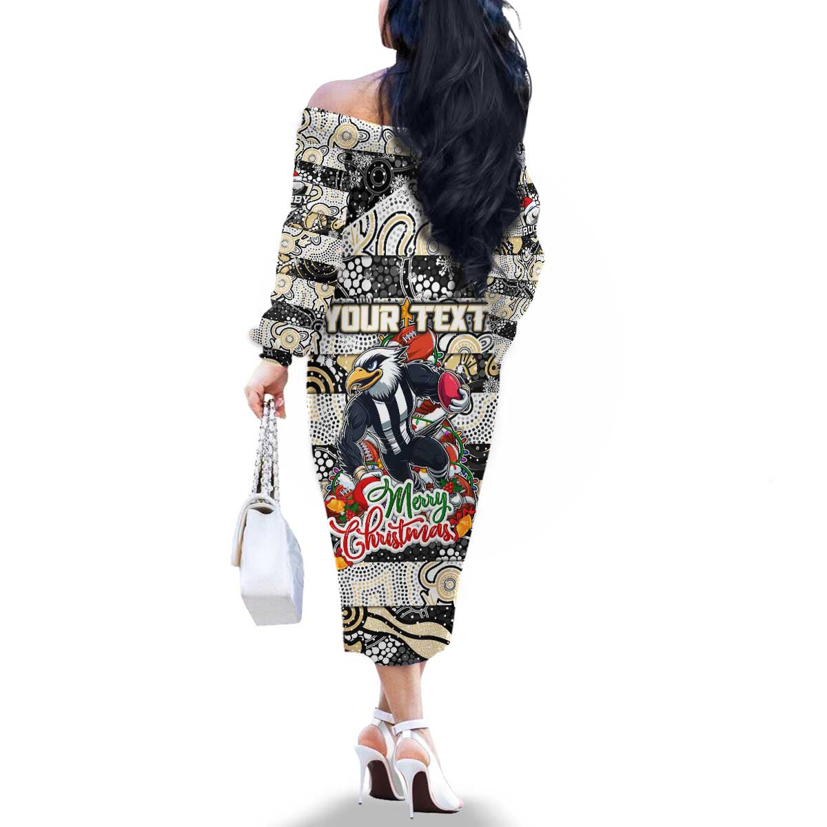 Custom Magpies Rugby Merry Christmas Family Matching Off The Shoulder Long Sleeve Dress and Hawaiian Shirt Indigenous Australian Art