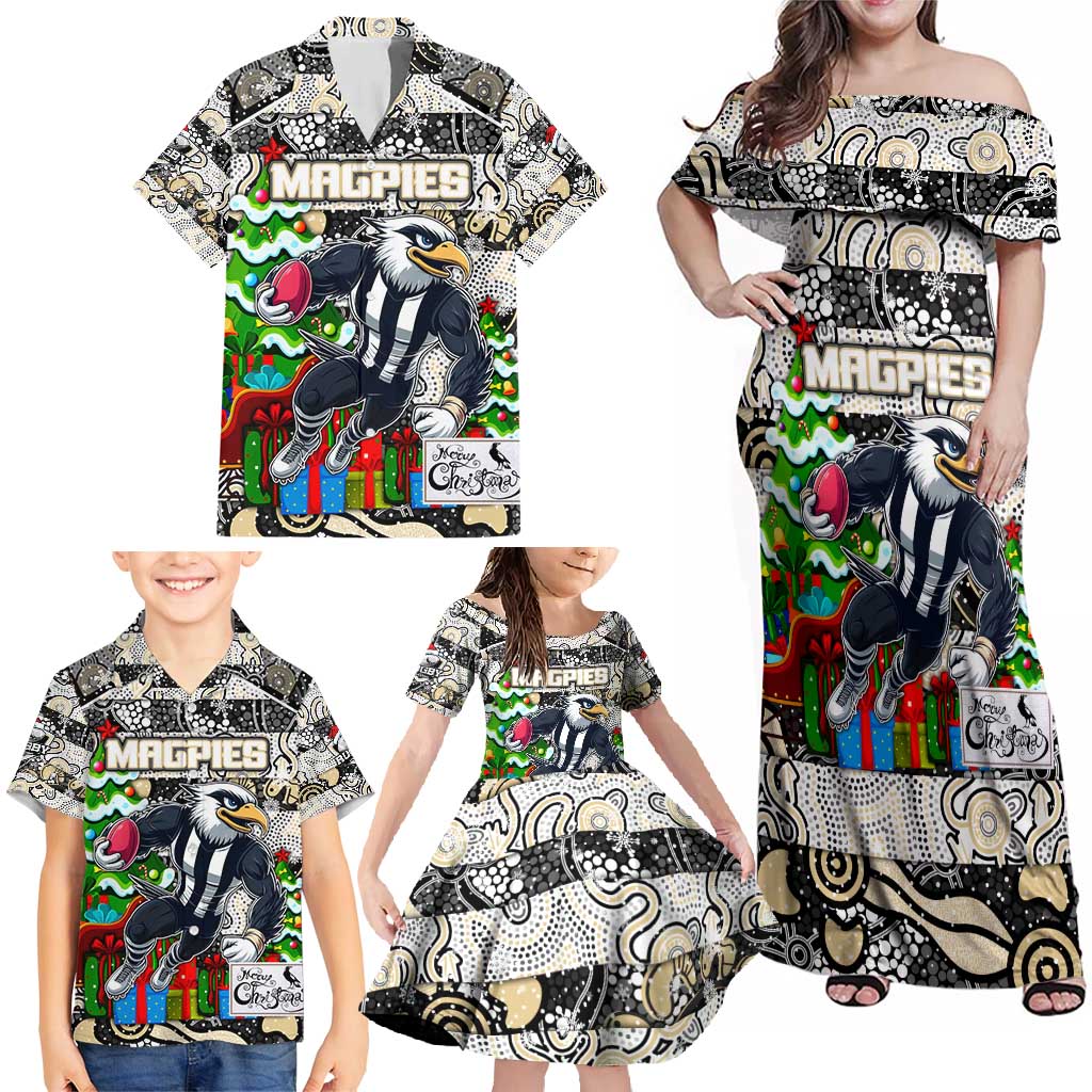Custom Magpies Rugby Merry Christmas Family Matching Off Shoulder Maxi Dress and Hawaiian Shirt Indigenous Australian Art