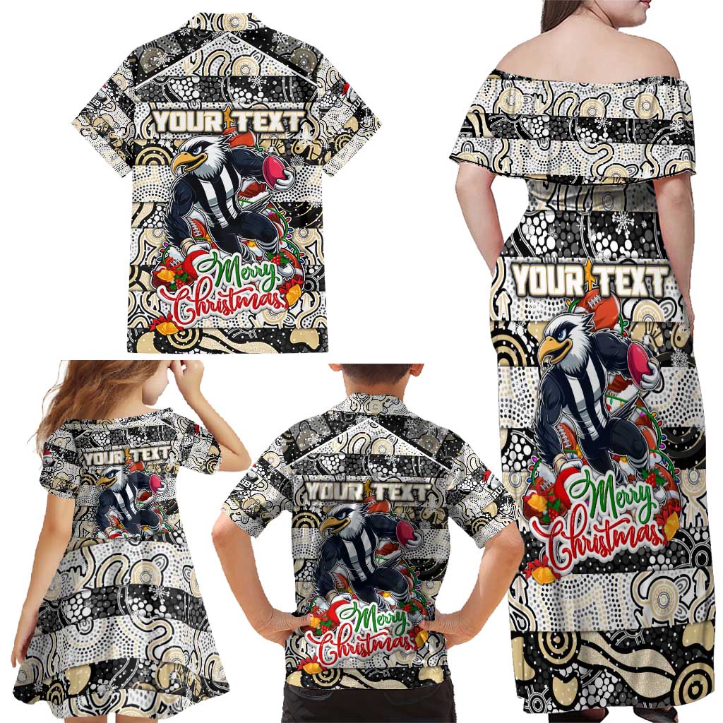 Custom Magpies Rugby Merry Christmas Family Matching Off Shoulder Maxi Dress and Hawaiian Shirt Indigenous Australian Art