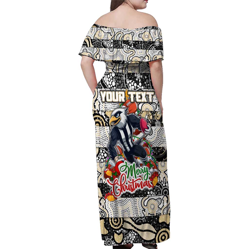 Custom Magpies Rugby Merry Christmas Family Matching Off Shoulder Maxi Dress and Hawaiian Shirt Indigenous Australian Art