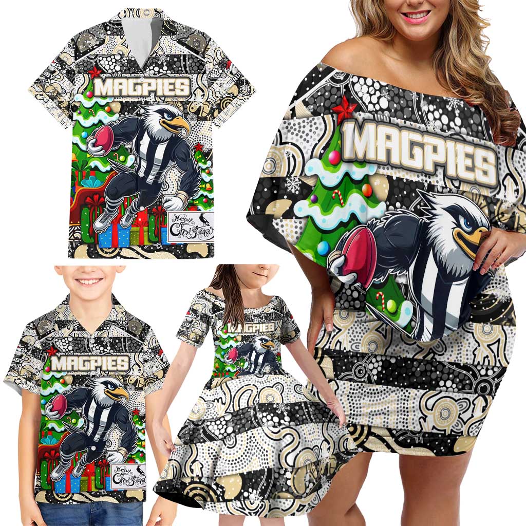 Custom Magpies Rugby Merry Christmas Family Matching Off Shoulder Short Dress and Hawaiian Shirt Indigenous Australian Art