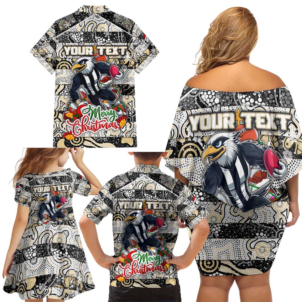 Custom Magpies Rugby Merry Christmas Family Matching Off Shoulder Short Dress and Hawaiian Shirt Indigenous Australian Art