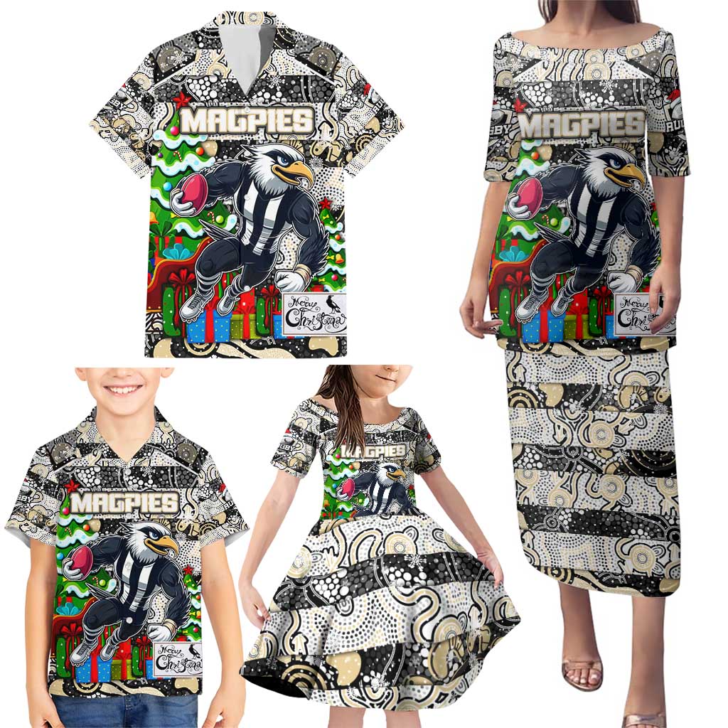 Custom Magpies Rugby Merry Christmas Family Matching Puletasi and Hawaiian Shirt Indigenous Australian Art