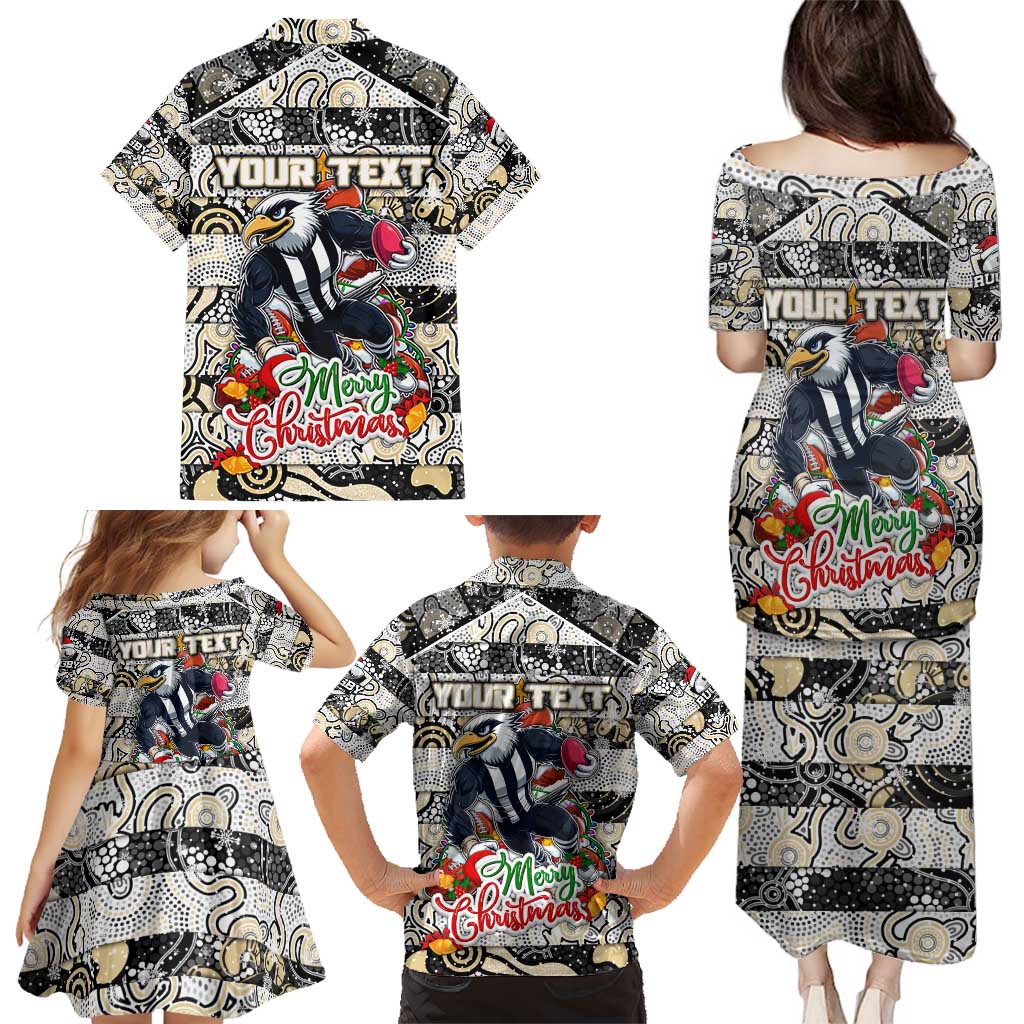 Custom Magpies Rugby Merry Christmas Family Matching Puletasi and Hawaiian Shirt Indigenous Australian Art