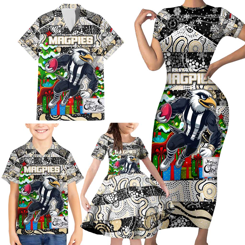 Custom Magpies Rugby Merry Christmas Family Matching Short Sleeve Bodycon Dress and Hawaiian Shirt Indigenous Australian Art