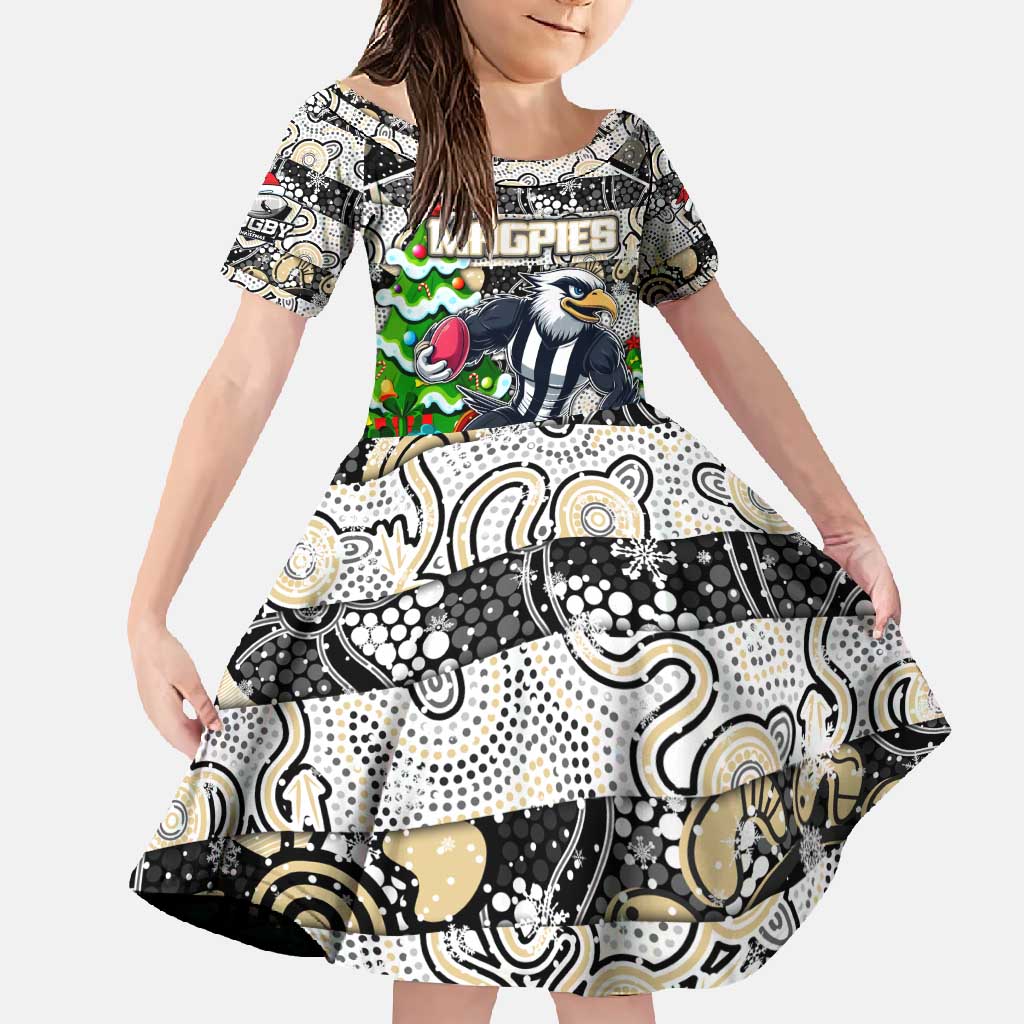 Custom Magpies Rugby Merry Christmas Family Matching Short Sleeve Bodycon Dress and Hawaiian Shirt Indigenous Australian Art