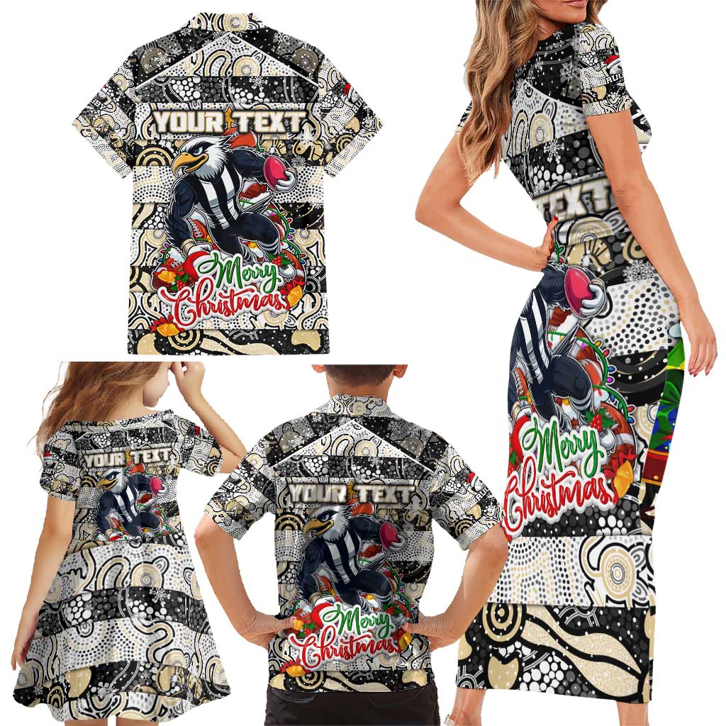 Custom Magpies Rugby Merry Christmas Family Matching Short Sleeve Bodycon Dress and Hawaiian Shirt Indigenous Australian Art