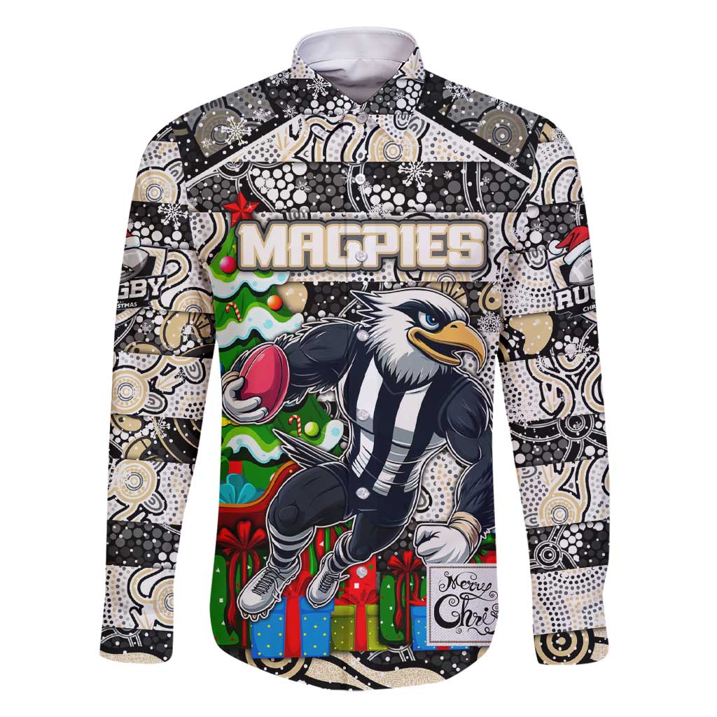 Custom Magpies Rugby Merry Christmas Family Matching Short Sleeve Bodycon Dress and Hawaiian Shirt Indigenous Australian Art