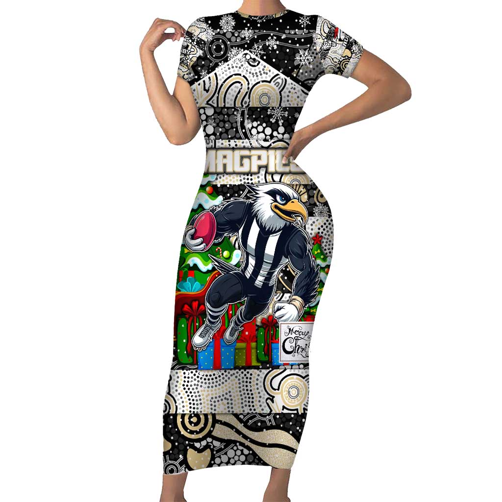 Custom Magpies Rugby Merry Christmas Family Matching Short Sleeve Bodycon Dress and Hawaiian Shirt Indigenous Australian Art