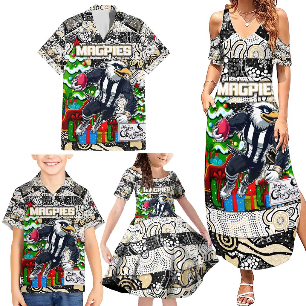 Custom Magpies Rugby Merry Christmas Family Matching Summer Maxi Dress and Hawaiian Shirt Indigenous Australian Art