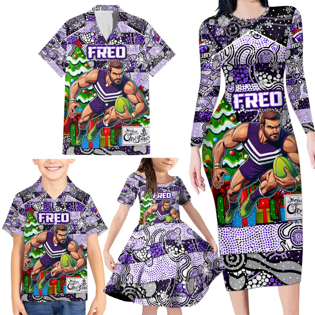 Custom Freo Rugby Merry Christmas Family Matching Long Sleeve Bodycon Dress and Hawaiian Shirt Indigenous Australian Art