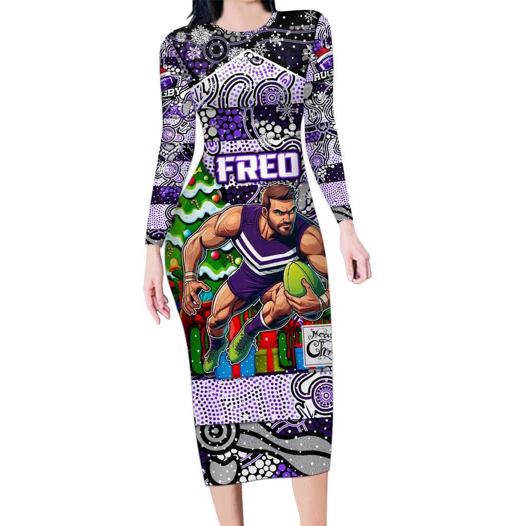 Custom Freo Rugby Merry Christmas Family Matching Long Sleeve Bodycon Dress and Hawaiian Shirt Indigenous Australian Art