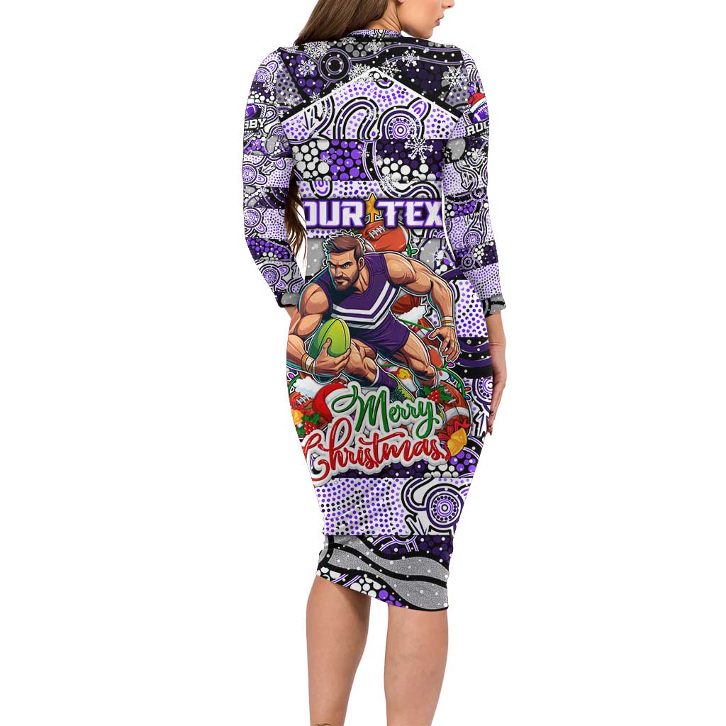 Custom Freo Rugby Merry Christmas Family Matching Long Sleeve Bodycon Dress and Hawaiian Shirt Indigenous Australian Art