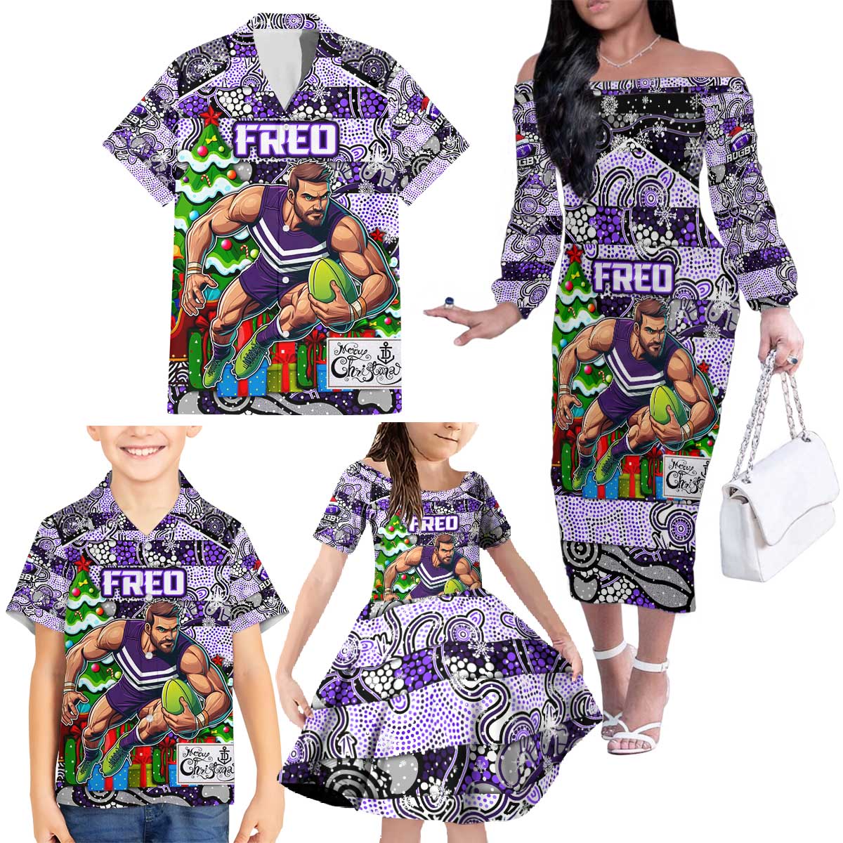 Custom Freo Rugby Merry Christmas Family Matching Off The Shoulder Long Sleeve Dress and Hawaiian Shirt Indigenous Australian Art