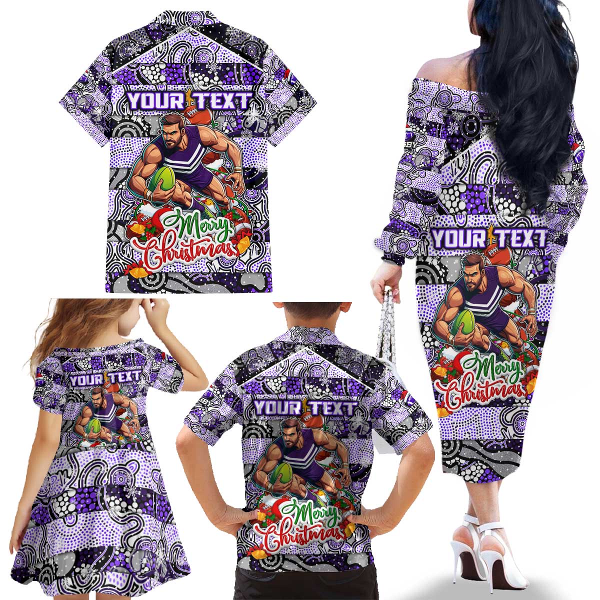 Custom Freo Rugby Merry Christmas Family Matching Off The Shoulder Long Sleeve Dress and Hawaiian Shirt Indigenous Australian Art