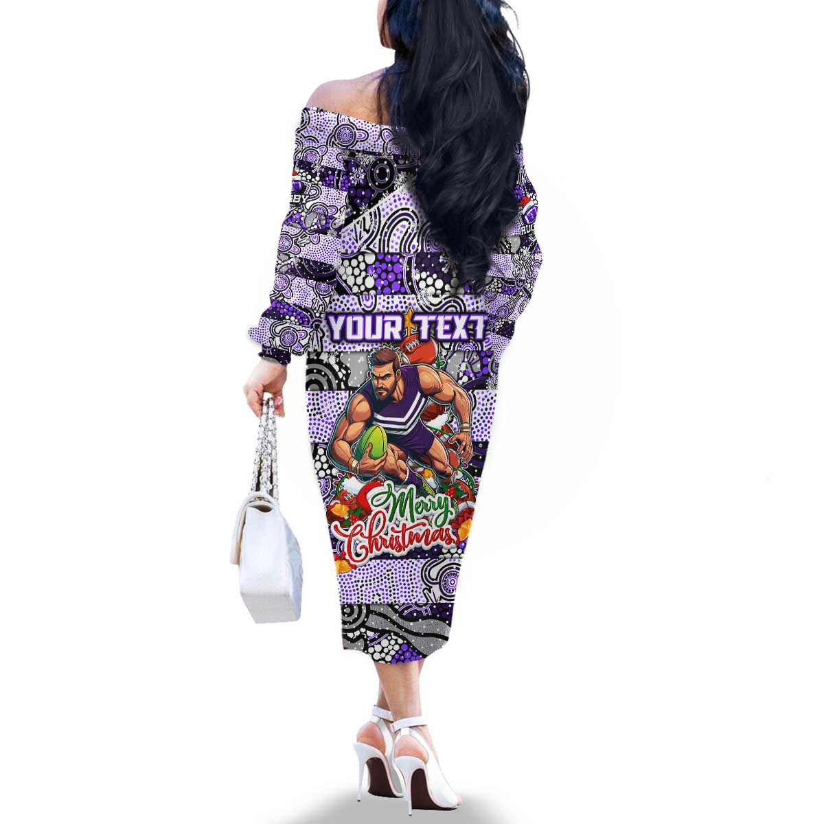 Custom Freo Rugby Merry Christmas Family Matching Off The Shoulder Long Sleeve Dress and Hawaiian Shirt Indigenous Australian Art