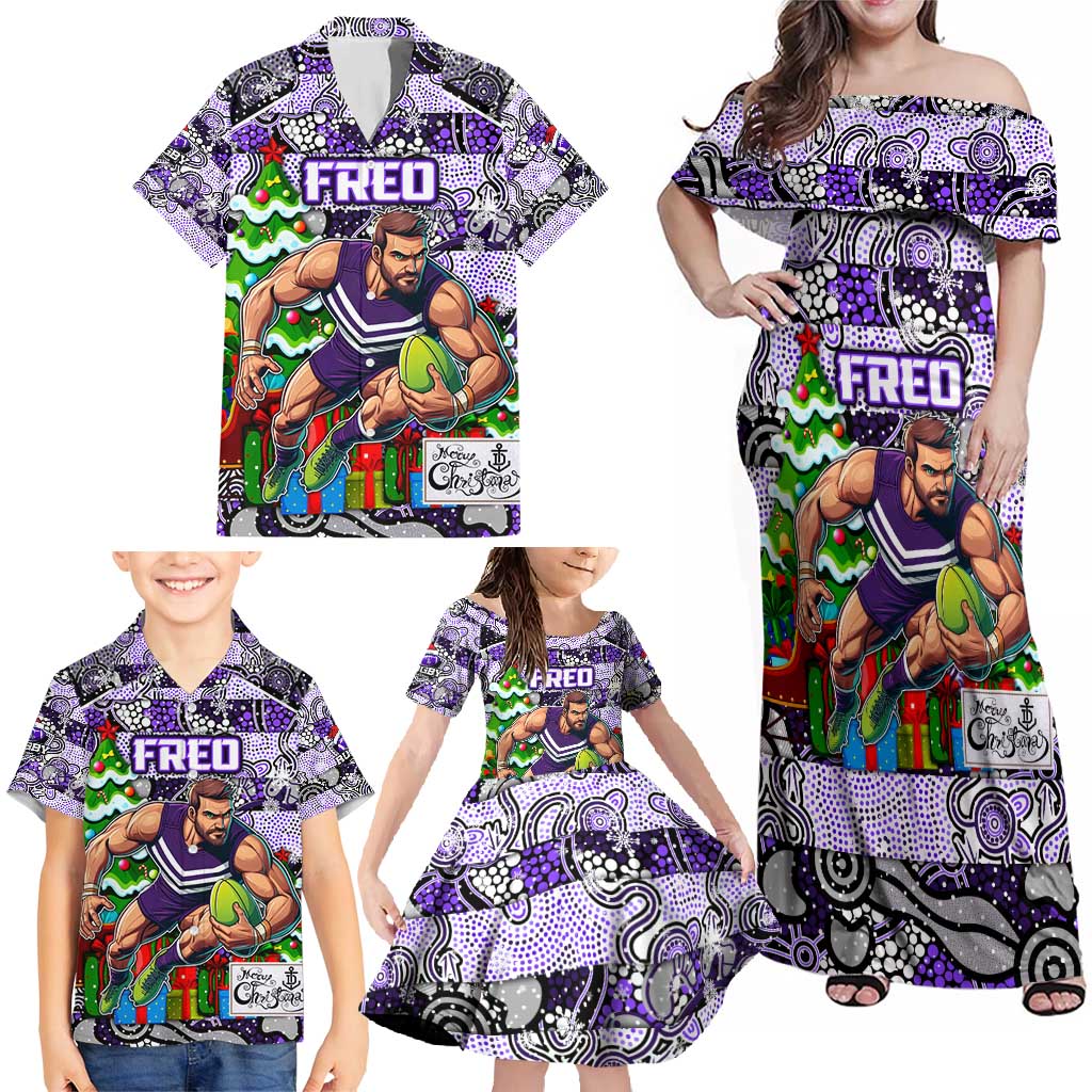 Custom Freo Rugby Merry Christmas Family Matching Off Shoulder Maxi Dress and Hawaiian Shirt Indigenous Australian Art