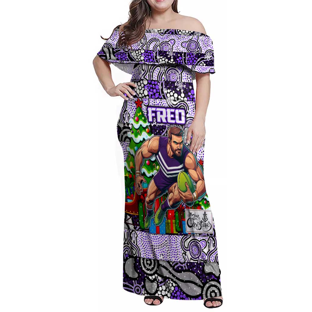 Custom Freo Rugby Merry Christmas Family Matching Off Shoulder Maxi Dress and Hawaiian Shirt Indigenous Australian Art