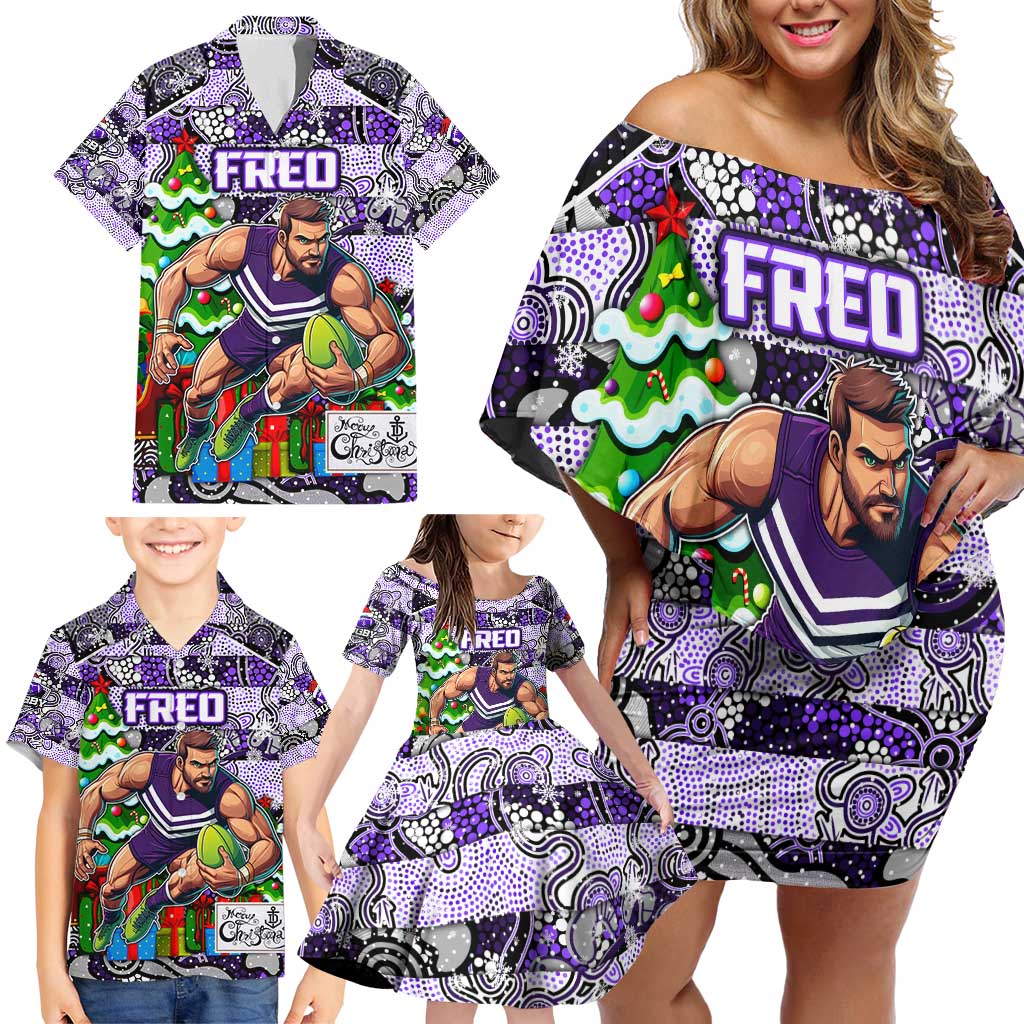 Custom Freo Rugby Merry Christmas Family Matching Off Shoulder Short Dress and Hawaiian Shirt Indigenous Australian Art